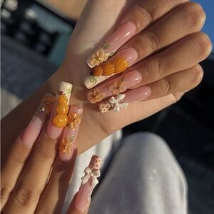 Mine Orange and Pink Floral Nail Art